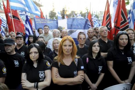 Far-right Golden Dawn party supporters attend the main pre-election rally outside the party's headquarters in Athens, Greece, September 16, 2015. REUTERS/Michalis Karagiannis